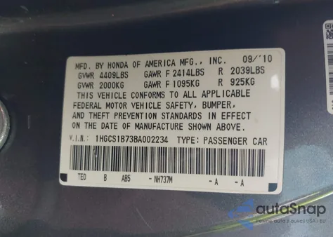 2011 Honda Accord 2.4 Ex из США, поврежденный, VIN 1HGCS1B73BAPP2234